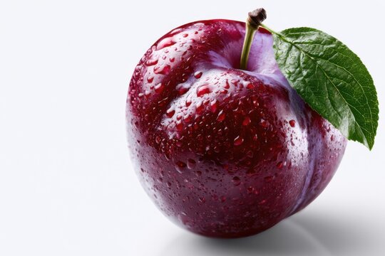 Perfect Deep Purple Plum With Green Leaf on White