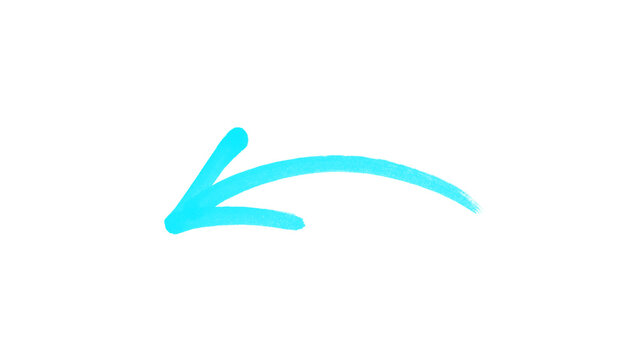 Cyan aqua hand drawn curved arrow pointing left, brush stroke doodle arrow icon, sketch style direction pointer for infographic, presentation, web design, business, education and creative graphics