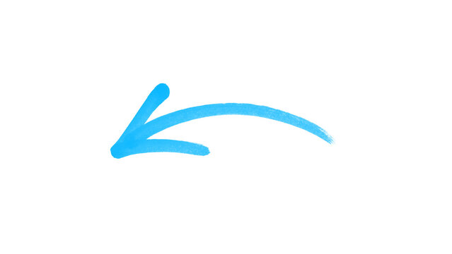Light blue hand drawn curved arrow pointing left, brush stroke doodle arrow icon, sketch style direction pointer for infographic, presentation, web design, business, education and creative graphics