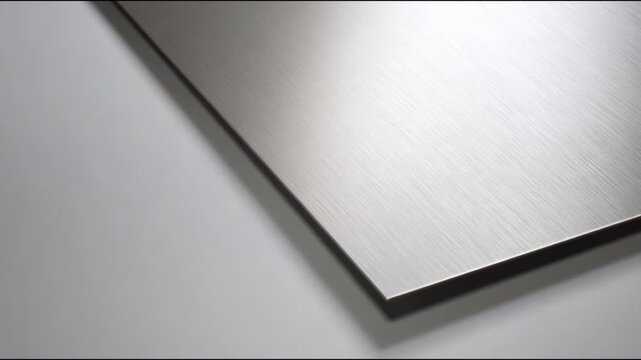 Close-up brushed metal sheet with photographic texture on a soft gray background, suggesting modern industry and minimal design