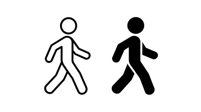 Minimalist vector illustration featuring two walking human figures, one outlined and one solid black silhouette, simple geometric shapes, bold clean strokes, monochrome black and white palette.