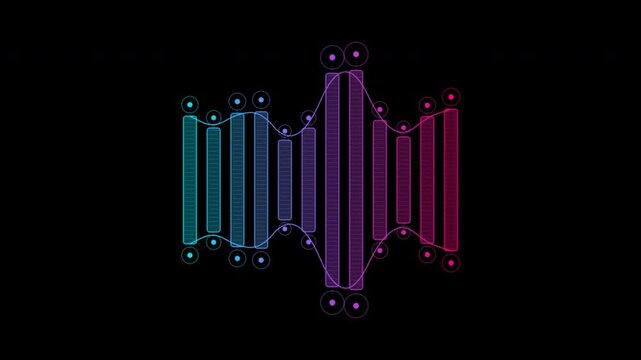 Neon digital sound wave equalizer spectrum pulse on black background