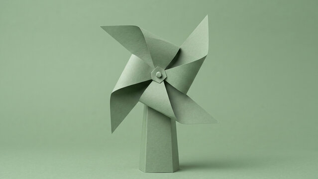 Green paper craft pinwheel windmill standing on a matching green background
