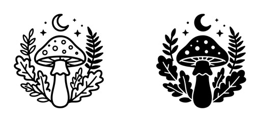 Fototapeta premium Mushroom icons set with moon and leaves for nature and fantasy design