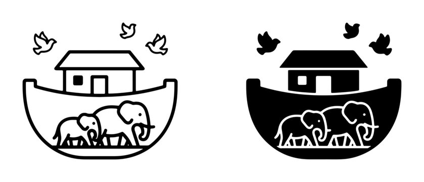Noah's Ark icon set with elephants and birds for religious or animal themes