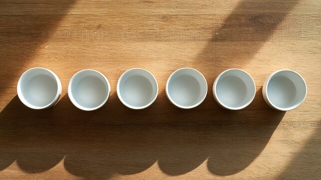 identical. Seven identical white ceramic teacups arranged on a long wooden table, top-down view. bar promotions, beverage menus, designed for food & beverage menus and cafe branding.