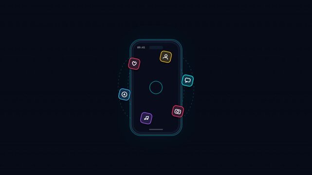 Neon smartphone outlines with floating glowing application icons