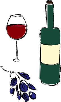 Vector illustration of bottle with red wine, glass and grapes