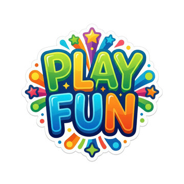 Colorful play fun logo with rainbow letters and confetti design isolated on transparent background