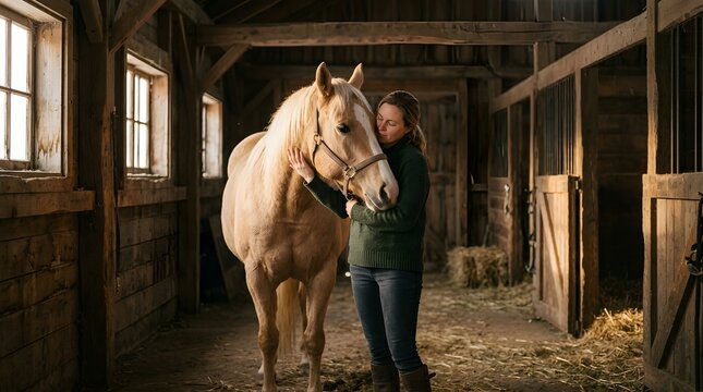 Woman embracing a palomino horse inside a rustic wooden barn