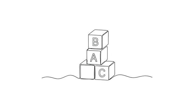 Continuous line drawing of a stack of three alphabet blocks with letters b, a, and c