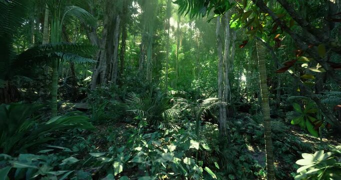 Sun shafts through tall rainforest trunks and vines, vertical layers of canopy and understory with dappled light, ancient trees and epiphytes creating deep