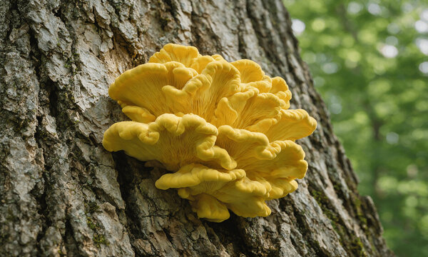 Bright Yellow Chicken of the Woods Mushroom (Laetiporus sulphureus) Growing on Tree Bark