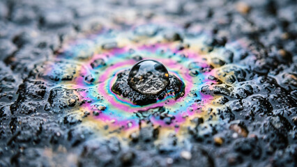 Fototapeta premium Raindrops and colorful iridescent fuel oil sheen rainbow on wet dark asphalt texture