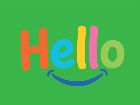 Colorful Hello word typography with blue smile curve, playful rounded font and friendly cheerful greeting vector illustration
