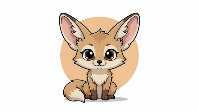Cute cartoon fennec fox sitting with large ears and smiling expression in light background