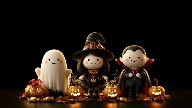 Set of animated cartoon Halloween characters, including a witch, Dracula, and a dancing witch, on a dark background.