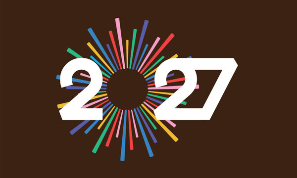 Happy New Year 2027 vector typography with colorful firework starburst, radial sunburst rays and bold white numbers vector illustration