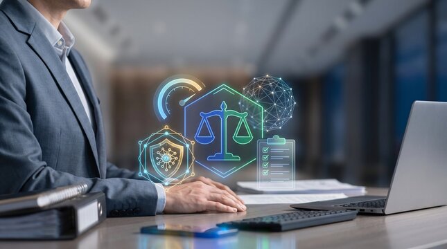 AI governance framework featuring legal compliance and ethical control, corporate officer managing regulatory accountability and transparent algorithm decision making on laptop in modern office.
