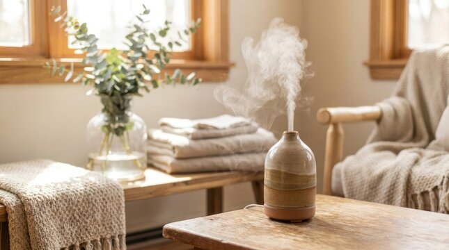 Aromatherapy diffuser releases steam on a wooden table with folded towels