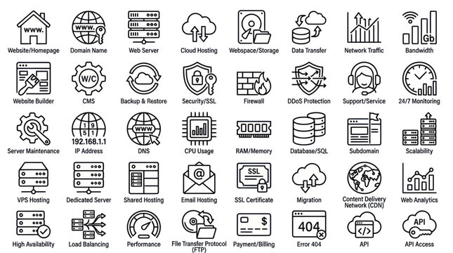 Web hosting and server technology outline icon set representing cloud database, network security, domain, and internet services