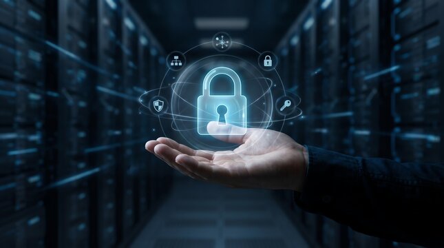 Hand presenting glowing digital lock security interface in data center server room