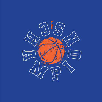 Vintage basketball circular typography design with orange ball, grunge texture and The Champions varsity lettering emblem vector illustration