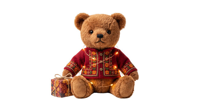 Vintage teddy bear in festive red sweater, plush christmas bear toy with fairy lights and gift box, holiday present concept isolated PNG with Transparent Background