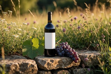 Naklejka premium Elegant wine bottle mockup with blank white label on stone wall in vineyard. Fresh grapes, green vine leaves lie nearby in natural sunlight. Rustic summer countryside setting for organic beverage