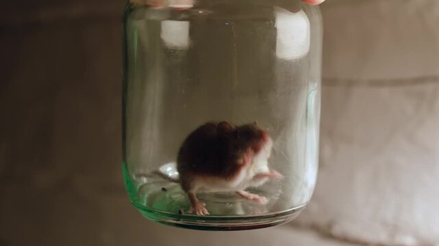 Person holds trapped gray mouse inside transparent glass jar. The catched rat trying to get out of the trap. Rodent pest, domestic trap, animal capture. The infection carrier. 4k footage.