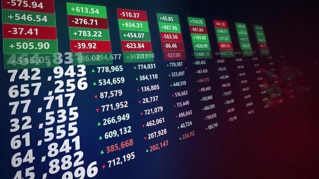Abstract stock market digital display showing green and red financial data, trading indices and stock price fluctuation charts