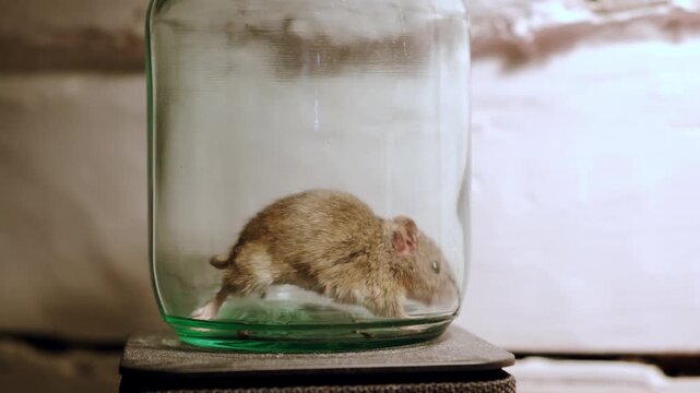 Small gray mouse trapped inside a glass jar looking for the enter for escape. A catched rat trying to get out of the trap. Rodent pest, domestic trap, animal capture. An infection carrier. 4k footage.