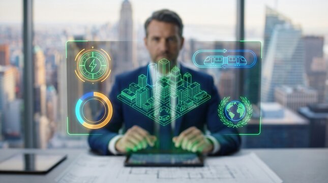 Smart city planning and sustainable urban infrastructure energy system, municipal director analyzing 3D holographic digital architecture, green power grid, and public transit in modern office.