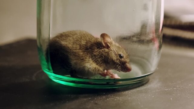 Close-up frightened gray rat sits trapped in the glass jar. The fading reaction. Catched mouse is in a domestic trap. Rodent pest, animal capture. An infection carrier. Surrender mood. HQ 4K footage.