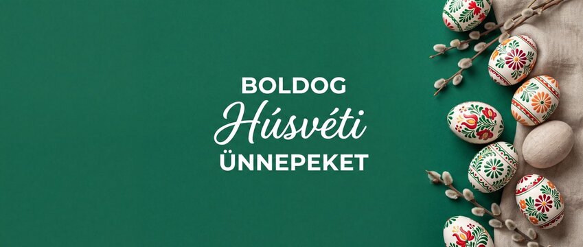 Hungarian Easter eggs greeting background with text Boldog Husveti Unnepeket, traditional folk painted eggs, pussy willow catkins flat lay banner copy space for spring holiday celebration design.