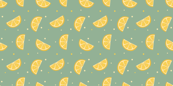 Seamless pattern with lemon slices on sage green background