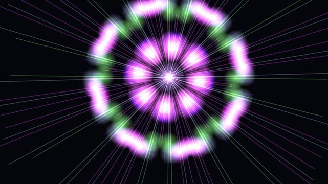 Glowing purple and green concentric light patterns forming a symmetrical radial mandala design with streaks radiating outward.