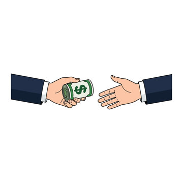 Bribery corruption with business hand giving money roll for cash payoff deal