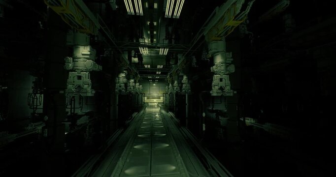hazardous service corridor under load, sparking conduit and switchgear glowing, insulation scorched, emergency indicators flashing, remote shutdown protocol