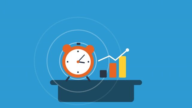 Business Productivity and Time Management Concept. Flat Design Illustration of Alarm Clock and Growing Graph for Financial Success.