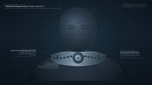 educational animation of a tactical respiratory collar system detailing gas detection, titanium lamellae ascent, and air-tight visor seal for protective gear and futuristic survival technology