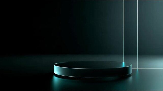 Empty circular podium with cyan glow, cinematic style, on a dark reflective studio background, suggesting luxury and presentation