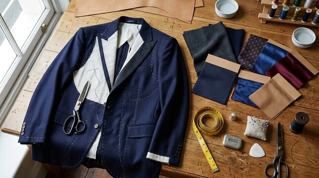 Tailor workshop table with unfinished navy blue suit jacket and tools