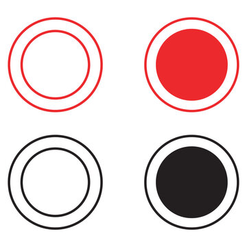 Minimalist Record Button Icons, Red and Black Recording Circle Symbols, Stop and Rec Vector Graphics