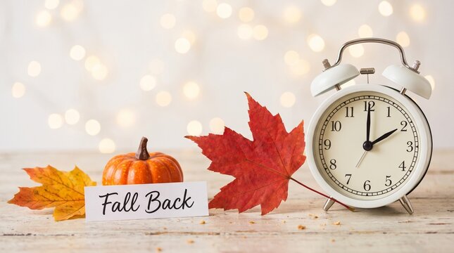 Autumn Daylight Saving Time concept with alarm clock, pumpkin, and fall maple leaves on white wooden background