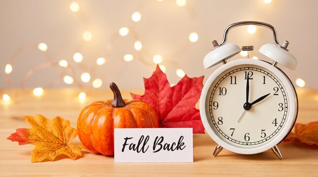Fall Back Time Change Concept with Alarm Clock, Pumpkin, and Autumn Leaves on Wooden Table
