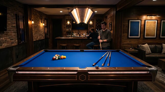 Young adult male holding a cue near a blue felt pool table inside a luxurious modern lounge basement with wood paneling and a bar