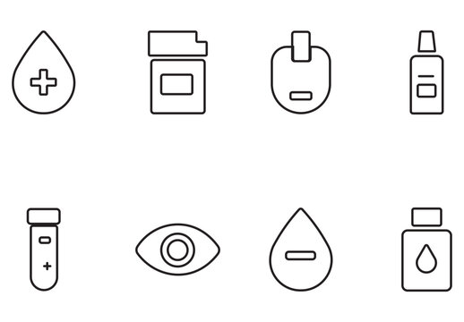 Minimalist blood test vector icon set, outline diabetes management symbols, black and white healthcare icons, medical lab equipment line art
