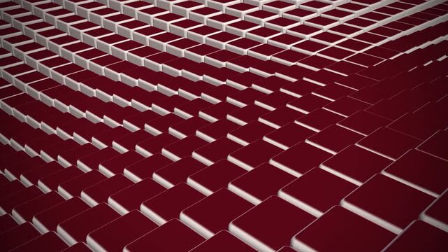 Ultra premium looping abstract 3D background featuring a boundless geometric ocean of ivory pillars with metallic ruby red tops. Majestic wave motion optimized for luxury branding and corporate events