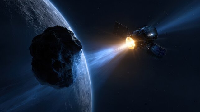 A spacecraft uses ion propulsion to redirect an asteroid toward lunar orbit for mining purposes in deep space.